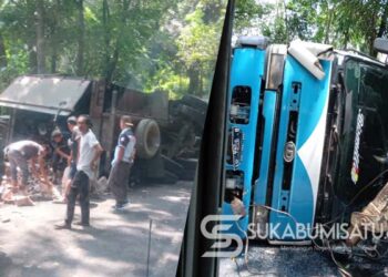 Truk Tronton Terguling di Tanjakan Baeud, Akses Jalan Sukabumi-Palabuhanratu Tertutup