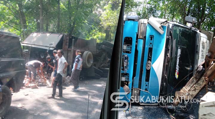 Truk Tronton Terguling di Tanjakan Baeud, Akses Jalan Sukabumi-Palabuhanratu Tertutup
