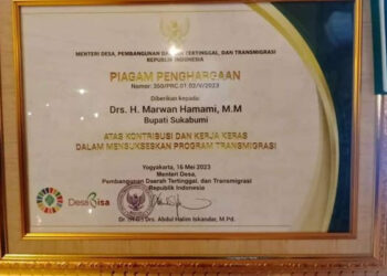 Bupati Marwan Dianugerahi Penghargaan Lencana Bhakti Transmigrasi dari Menteri Desa PDTT