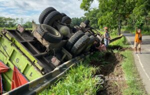 Truk Tronton Bermuatan Batu Bara Terguling di Cimenteng Sukamulya, Sopir Luka-Luka