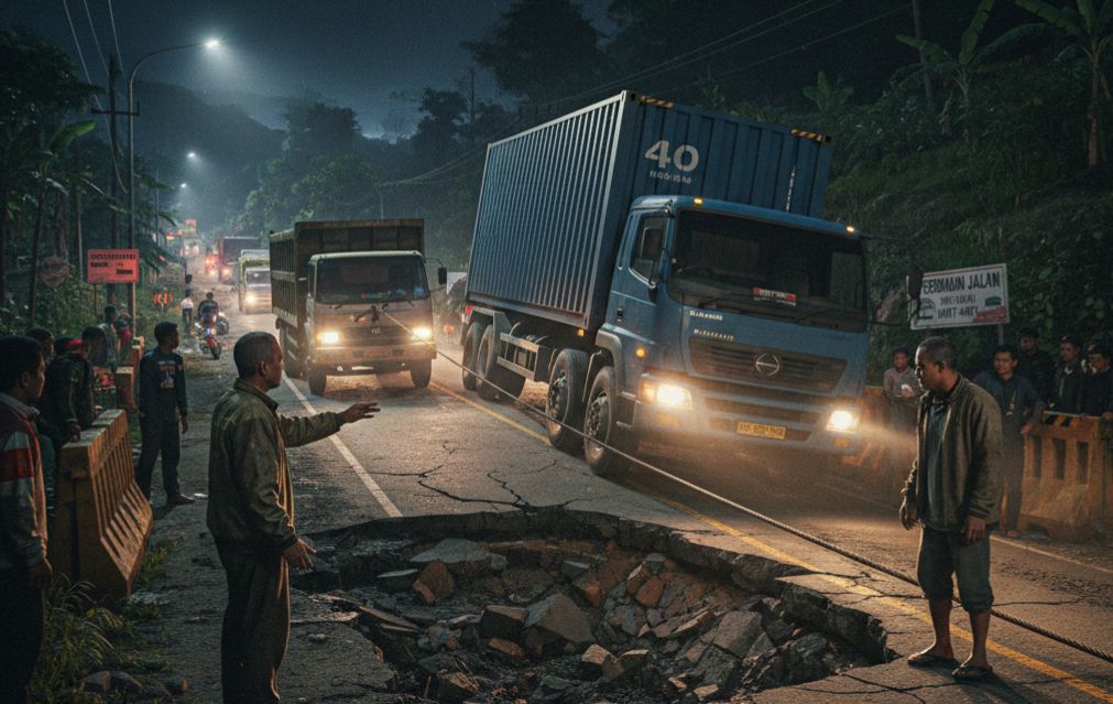 Truk Kontainer Nyangkut di Jalan Amblas Pasirsuren, Arus Lalu Lintas Sukabumi-Palabuhanratu Sempat Tersendat